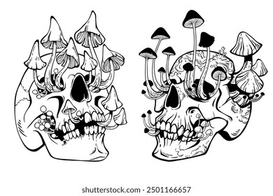 Two drawn skulls overgrown with mushrooms. Black line art on a white background