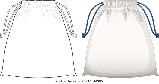 Dois sacos de bolsa de cordão, um contornado, um colorido, isolado no branco, estilo vetor limpo