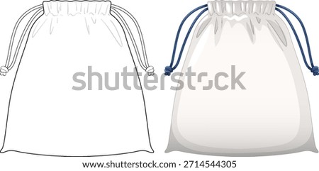 Two drawstring pouch bags, one outlined, one colored, isolated on white, clean vector style