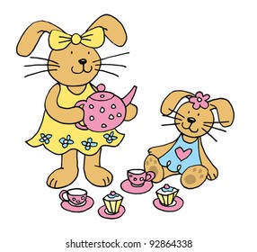 Two dressed up rabbits having a tea party