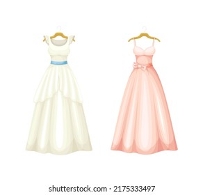 Two dresses on hangers set. Pink and white party dress vector illustration