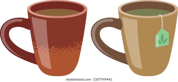 Dos tazas de bebida, una con café y otra con té. Diseños simplistas. La taza de café es de color naranja rojizo y la taza de té es de color marrón terracota.