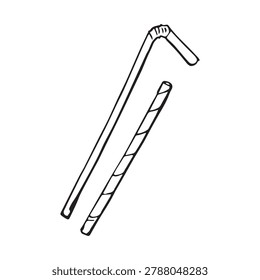 Two drinking straws doodle, black ink sketch. Striped spiral and flexible bendy straw, cocktail bar element, hand drawn vector isolated white background.