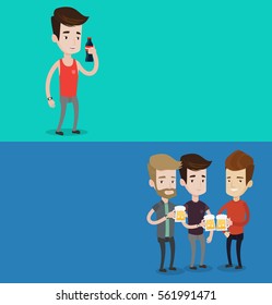 Two drinks banners with space for text. Vector flat design. Horizontal layout. Beer fans toasting and clinking glasses. Group of caucasian friends enjoying a beer at pub. Young friends drinking beer.