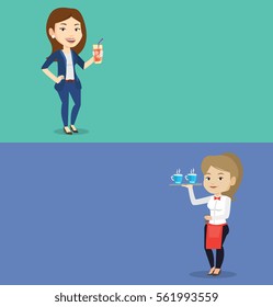Two drinks banners with space for text. Vector flat design. Horizontal layout. Woman holding cocktail glass with drinking straw. Woman drinking a cocktail. Young woman celebrating with a cocktail.
