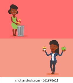 Two drinks banners with space for text. Vector flat design. Horizontal layout. Woman holding apple and cupcake. Woman choosing between apple and cupcake. Choice between healthy and unhealthy nutrition