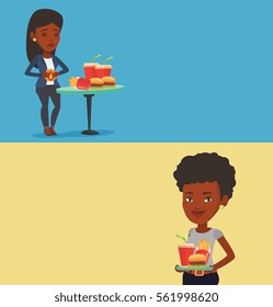 Two drinks banners with space for text. Vector flat design. Horizontal layout. African-american sad woman having stomach ache from heartburn. Upset young woman having stomach ache after fast food.