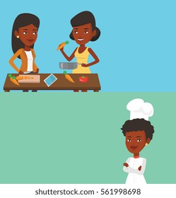 Two drinks banners with space for text. Vector flat design. Horizontal layout. Young smiling women having fun while cooking together healthy meal. African-american women cooking healthy vegetable meal