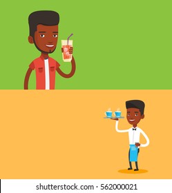 Two drinks banners with space for text. Vector flat design. Horizontal layout. Man holding cocktail glass with drinking straw. Joyful man drinking a cocktail. Young man celebrating with a cocktail.