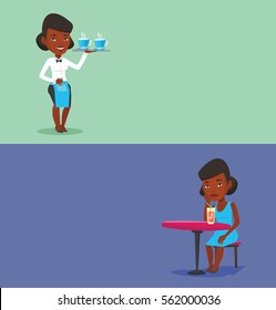 Two drinks banners with space for text. Vector flat design. Horizontal layout. African waitress holding tray with cups of tea or coffee. Waitress standing with tray with cups of hot flavoured coffee.