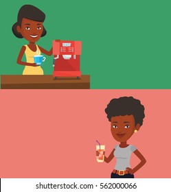 Two drinks banners with space for text. Vector flat design. Horizontal layout. An african-american woman making coffee with a coffee-machine. Young woman holding cup of hot flavoured coffee in hand.