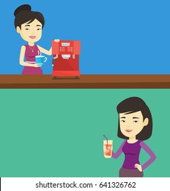 Two drinks banners with space for text. Vector flat design. Horizontal layout. Woman making coffee with a coffee-machine. Woman holding cup of flavoured coffee. Woman standing beside a coffee machine.