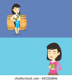 Two drinks banners with space for text. Vector flat design. Horizontal layout. Waitress holding a bottle of wine. Waitress standing on the background of wine barrels. Waitress presenting a wine bottle