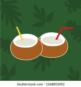 Two drinks in brown coconut with straw on green tropical background with leaves vector flat