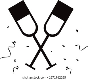 Two drinks glasses with streamers. Black silhouettes on a white background. Vector image for creating illustrations for the New year.