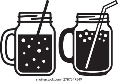 Two drinks in mason jars, ice cubes, straws, refreshing beverages, cool drinks.