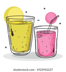 two drinks yellow and pink colors drawing icons vector illustration design