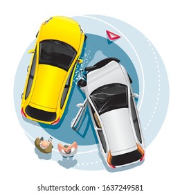 Two drivers stand near their cars after a collision in an accident. Cartoon vector illustration top view.