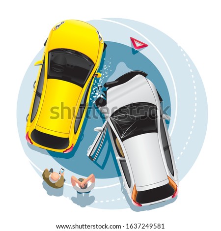 Two drivers stand near their cars after a collision in an accident. Cartoon vector illustration top view.