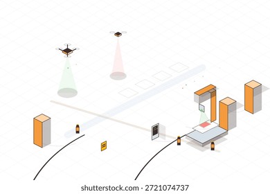 Two drones are in the air above an automated package delivery station. They navigate while sensors and lights are active. The scene is clear and focused on operations.