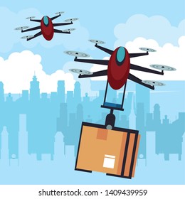 two drones flying and delivering box at city scenery vector illustration graphic design