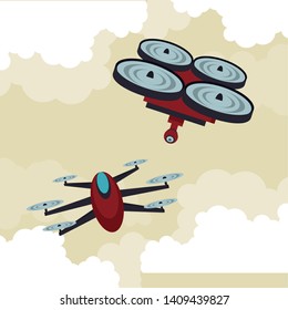 Two drones flying in the sky with clouds vector illustration graphic design