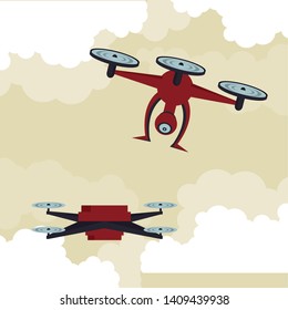 Two drones flying in the sky with clouds vector illustration graphic design