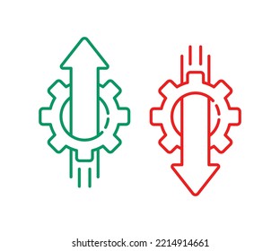 two drop and growth technology icon with gear. outline simple trend stats logotype graphic stroke art web design isolated on white. concept of key performance indicator or operation strategy symbol