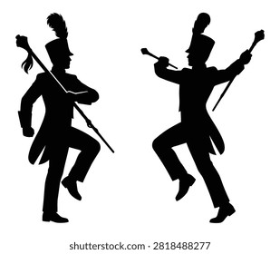 Two drum major silhouette figures performing with batons in a marching band performance