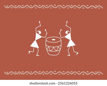 Two drummers beat the ritual drum. Ornamental stylization in old Indian style. Sora art of Idittals or Warli painting.