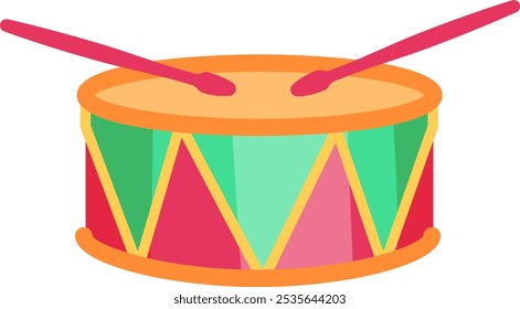 Two drumsticks are hitting a colorful toy drum, creating a cheerful and playful musical scene, perfect for children s illustrations or music related projects