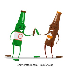 Two drunk beer bottle  character . Funny cartoon emotions . Vector illustration, Isolated on white background