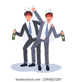 two Drunk Businessman Holding Beer Bottle. Alcoholism in Corporate Life concept.