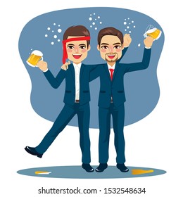 Two drunk businessmen holding beer mugs celebrating party together