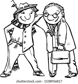 Two drunk cheerful men after a party. Monochrome vector illustration in cartoon style.