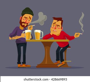 Two drunk friends discus problems. Vector flat cartoon illustration