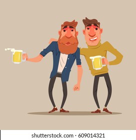 Two drunk friends men characters have fun. Vector flat cartoon illustration