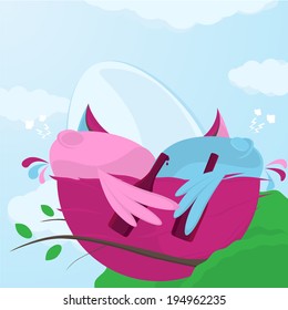 Two drunk little birds in a nest in pink and blue each clutching a bottle under their wing with a huge egg in the nest behind them, vector cartoon illustration