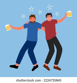 Two drunk man enjoy drinking beer in flat design. Alcohol addiction. Alcoholism.