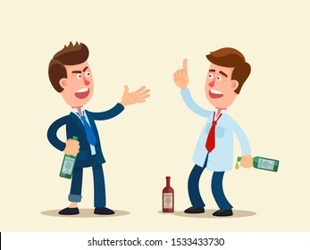 Two drunk men with bottles of alcohol after, talking very loudly and scream. After bar, pub. Vector illustration, flat design, cartoon style. Isolated background.