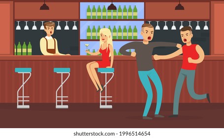 Two Drunk Men Fighting in Bar, Conflict Between People, Human Relations Vector Illustration