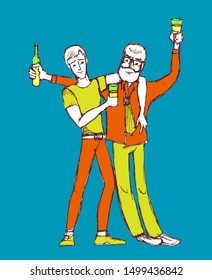 Two drunk men hug and hold glasses with alcohol in their hands. Friends after drinking. Two drunkards at the bar. Sketch. Vector illustration