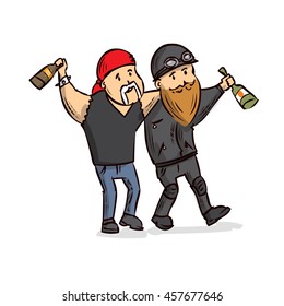 Two drunken biker. Hand drawn cartoon vector illustration.