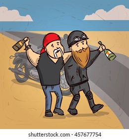 Two drunken biker. Hand drawn cartoon vector illustration.