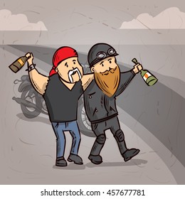 Two drunken biker. Hand drawn cartoon vector illustration.