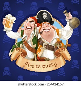 Two drunken pirates with rum and beer. Banner for Pirate party