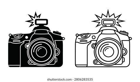 Two Dslr Camera Silhouettes With Flash Black And White Illustration Silhouette