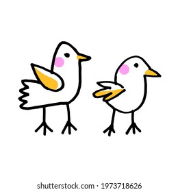 Two Ducklings, Birds. Handmade vector design, illustration of ducks isolated over white background.
