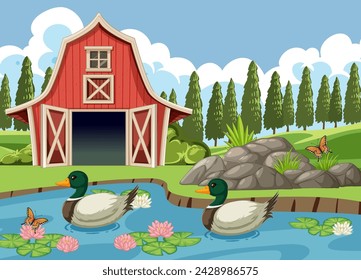 Two ducks float peacefully near a red barn.