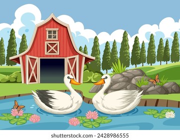 Two ducks floating peacefully near a red barn
